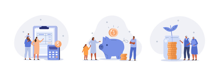 Wall Mural - family income set. characters planning and bookkeeping budget and household spending. people making 