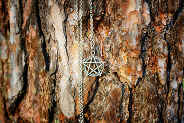 Silver pentagram necklace on tree bark background