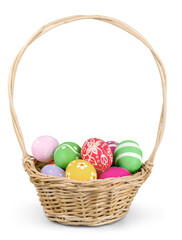 Wall Mural - Easter basket filled with colorful eggs on a white background