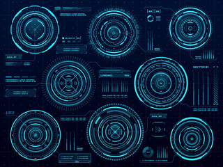 Aufkleber - HUD circle data infographic, data screen dashboard or digital interface, vector holograms. HUD technology graphs and UI screen digital elements, chart diagram and virtual dashboard control