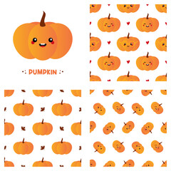 Wall Mural - Cute cartoon style pumpkin character and set, collection of three pumpkins vector seamless pattern backgrounds. 
