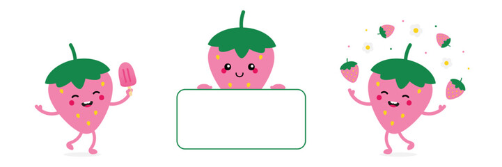 Wall Mural - Set, collection of cute cartoon style pink strawberry characters having fun, eating ice cream, juggling, holding card.