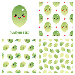 Wall Mural - Cute cartoon style pumpkin seed character and set, collection of three pumpkin seeds vector seamless pattern backgrounds. 
