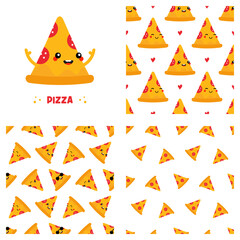 Wall Mural - Cute cartoon style pizza slice character and set, collection of three pizza vector seamless pattern backgrounds. 
