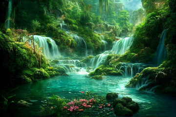 Wall Mural - Illustration of beautiful fantasy river in lush jungle with waterfalls