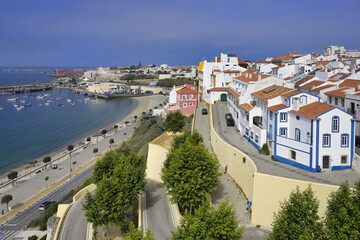Wall Mural - Panorama view over the Historic city center, the Harbor and the Atlantic Ocean, Sines, Alentejo, Portugal
