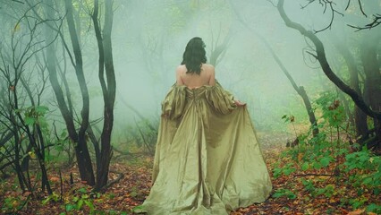 Sticker - Queen fantasy woman walks in mystical autumn misty forest dark trees. Orange foliage gothic trees mist smoke. Medieval princess girl back rear view. royal vintage long light green dress puffy sleeves