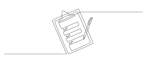 Aufkleber - Clipboard with checklist and pen in one continuous line drawing. To do list with ticks and concept for test expertise and exam in simple linear style. Editable stroke. Doodle vector illustration