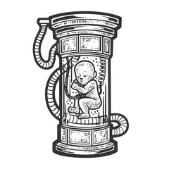 artificially born created baby in science fiction laboratory sketch engraving vector illustration. s