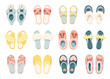Home slippers flat icons set. Comfortable fluffy home shoes. Warm light shoes. Comfortable for walk in house. Fluffy and soft. Pink, yellow, blue colors. Isolated illustrations
