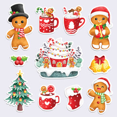 Watercolor illustration printable Christmas stickers