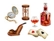 Vintage set, smoking pipe, hourglass, playing cards, cognac, pocket watch
