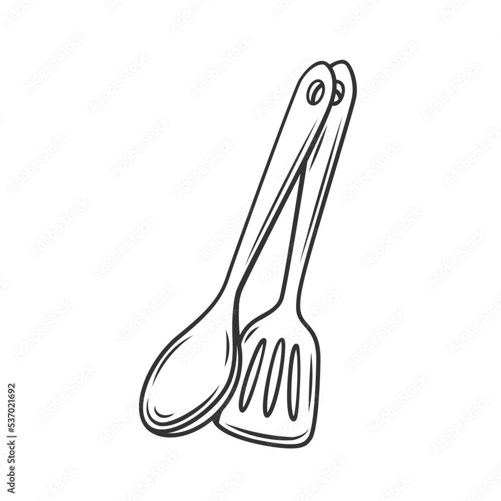 Spatula and spoon for cooking outline icon vector illustration. Line chefs  tools to cook in restaurant or home kitchen, pair of cutlery equipment for  meals preparation, frying or stewing food Stock Vector |, image size:1000x1000