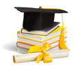 Graduation mortarboard on top of stack of books on white background