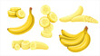 © setory - Banana set vector illustration. Cartoon bunch of tropical fruit, yellow ripe banana with or without peel, cut in half and sweet slices, ready to eat, isolated natural food collection from tropics