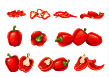 Red Bell Peppers And Sweet Paprika Set Vector Illustration. Cartoon Isolated Veggie Collection With Bulgarian Peppers Cut In Half, Slices And Rings, Chopped Pieces And Vertical Sections Of Vegetables