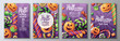 Vector set of halloween party invitations or greeting cards with horrible sweets, candies, lollipops