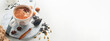 © kasia2003 - Masala tea. Masala chai spiced tea with milk and spices on light grey background. Traditional indian drink. Spice drink. Copy space. Selective focus. Banner and Mock up.