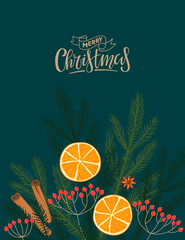 Wall Mural - Vector Christmas illustration. Christmas greeting card with Orange fruits and spruce branches, berries, spices and inscription Merry Christmas on dark background. Handwritten calligraphy lettering.