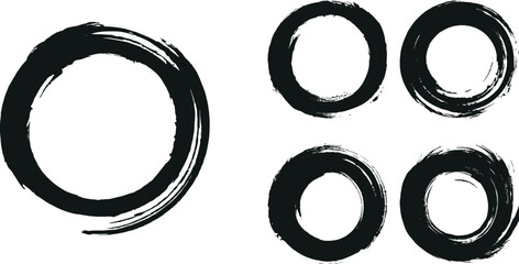 A set of Grunge round vector circles. Multiple Black paint brush vector. Textured drawn ring. Rough shape with circular elements. Black outline on white background. 