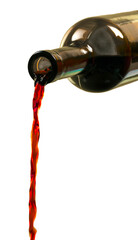 Wall Mural - Red wine pouring from bottle on white background