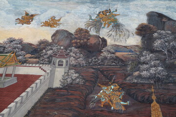 Wall Mural - Old wall paintings from 1930 tell the story of Thai literature. Written on the wall of Wat Phra Kaew Bangkok, Thailand Open for tourists to visit and take photos on 23 October 2020