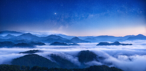 beautiful panoramic view starry sky above of mountain range in lam dong province, vietnam