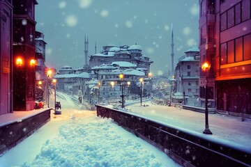 Poster - Galata Bridge on a winter day covered with snow in Istanbul, Turkey.