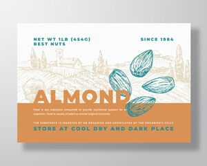 Wall Mural - Fresh Local Almond Food Label Template. Abstract Vector Packaging Design Layout. Modern Typography Banner with Hand Drawn Nuts and Rural Landscape Background Isolated