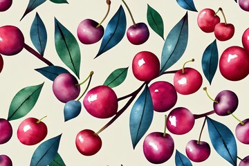 Poster - Watercolor cherry seamless pattern. Summer berries, fruits, leaves, flowers background. 2d illustration for spring cover, tropical wallpaper texture, backdrop, wedding invitation