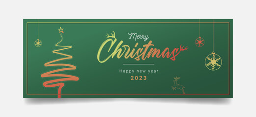 Wall Mural - Merry christmas web banner, horizontal header for website template, flat top view. green background Xmas design