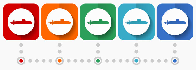 Fototapete - Submarine, navy, boat, ship, army vector icons, infographic template, set of flat design symbols in 5 color options