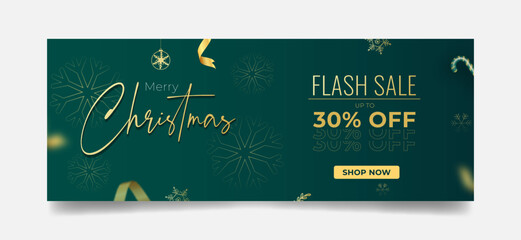 Wall Mural - Christmas web facebook banner, horizontal header for website template, flat top view. Green background Xmas design of ribbon, star, gold text