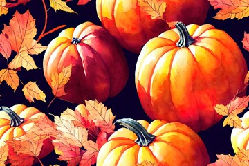 Canvas Print - Watercolor fall hand painted seamless pattern. Red pumpkin truck, pumpkins arrangement, flowers, apples, leaves, birds on white background.