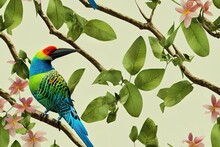 Wild Exotic Birds On Flowers And Twigs Seamless Pattern On Green Background. Branches With Green Leaves And Flowers, Colorful Birds Sing. 3d Rendering Illustration.