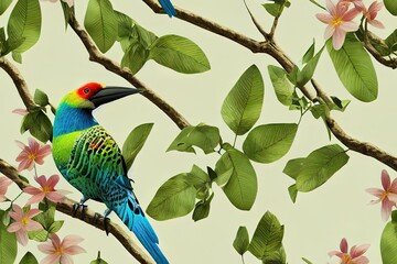 Wild exotic birds on flowers and twigs seamless pattern on green background. Branches with green leaves and flowers, colorful birds sing. 3d rendering illustration.