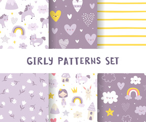 Wall Mural - girly pattern purple collection. cute seamless vector prints set. baby patterns bundle for apparel a