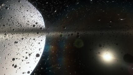 Wall Mural - Cinematic animation of Saturn's rings made of rocks, dust and ice. Planet Saturn is a huge planet of the solar system with beautiful rings. Asteroid field near the planet