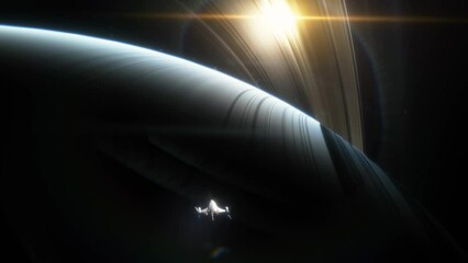Wall Mural - spaceship flies over the atmosphere of the planet saturn, the sun shines through the rings. planet s