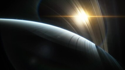 Wall Mural - Spaceship flies over the atmosphere of the planet Saturn, the sun shines through the rings. Planet Saturn is a huge planet of the solar system with beautiful rings. Asteroid field near the planet