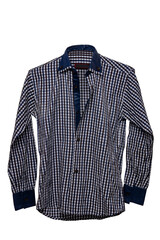 Checked shirts. Close-up of a blue gray and white tartan or plaid shirt for mens isolated on a white background. Clipping path. Summer fashion of mans clothes.