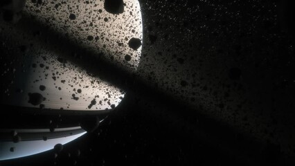 Wall Mural - Cinematic animation of Saturn's rings made of rocks, dust and ice. Planet Saturn is a huge planet of the solar system with beautiful rings. Asteroid field near the planet