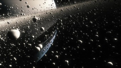 Wall Mural - Cinematic animation of Saturn's rings made of rocks, dust and ice. Planet Saturn is a huge planet of the solar system with beautiful rings. Asteroid field near the planet