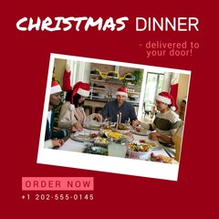 Poster - Composition of christmas dinner delivery text over diverse family at christmas dinner