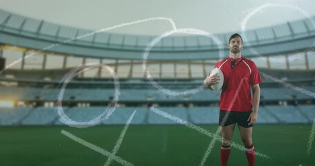 Poster - Animation of position plan over caucasian man with rugby ball at stadium