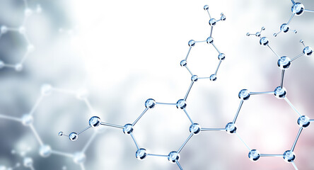 Wall Mural - horizontal banner with model of abstract molecular structure. background of blue color with atom and