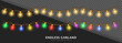 Set of two 3d colorful and yellow seamless Christmas garland lights. Glowing bulbs on golden wire for holiday decoration. Realistic festive Garlands string isolated on transparent background.