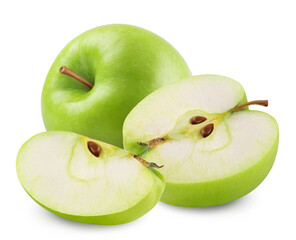 Wall Mural - apple isolated. ripe green apple and apple slice isolated on white background. fresh fruits.