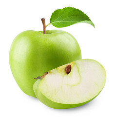 Wall Mural - apple isolated. ripe green apple, half and slice of apple on a white background. fresh fruits.