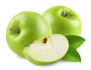 Wall Mural - apple isolated. ripe green apple and apple slice isolated on white background. fresh fruits.